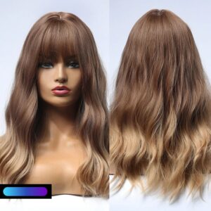 Brown to Blonde Ombre Natural Wave Synthetic Wig with Bang